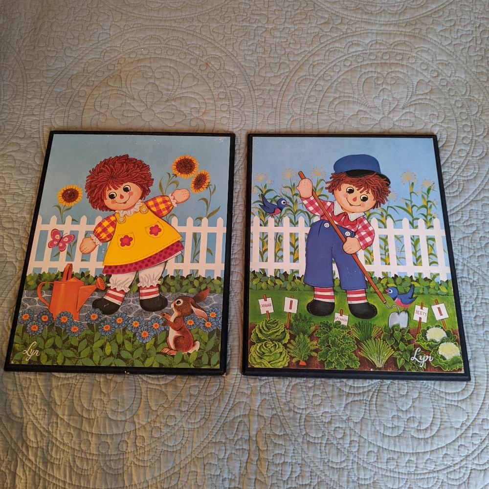 Raggedy Ann And Andy Vintage Wooden Wall Plaques USA Artist Lyn Stapco NY
